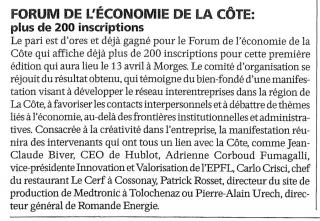 Forum de l'économie de La Côte: plus de 200 inscriptions